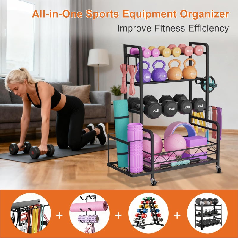 NEYCIL Dumbbell Rack, Adjustable Weight Rack for Home Gym Storage with 4 Wheels, Side Basket, Hooks, Multipurpose Metal Dumbbell Stand for Kettlebells, Yoga Gear, Strength Training Equipment, Black - Image 3