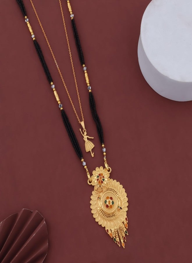 MALKYN Women's Gold Plated Peacock Motif Mangalsutra with Enamel Work and Ballerina Pendant Layered Necklace Set, Traditional Black Beaded Indian Jewelry for Festive Occasions-MD-049 - Image 2