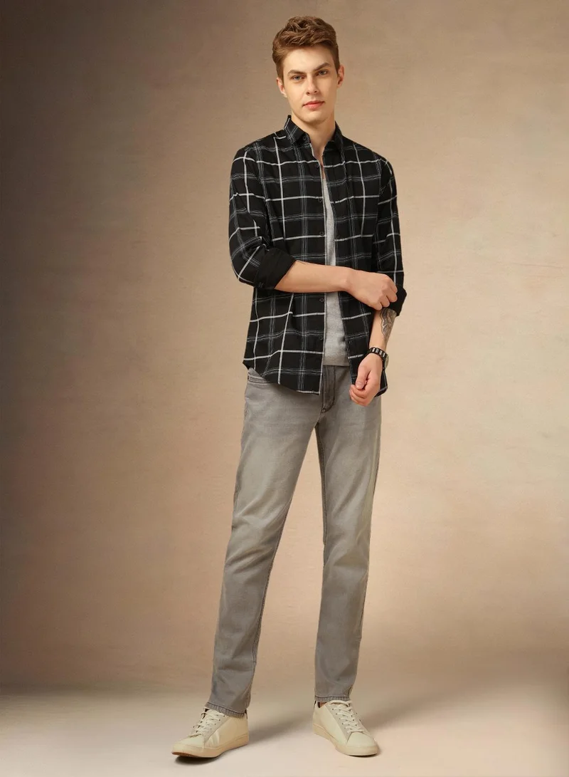 Dennis Lingo Men's Black 100% Cotton Checkered Button Down Regular Fit Shirt