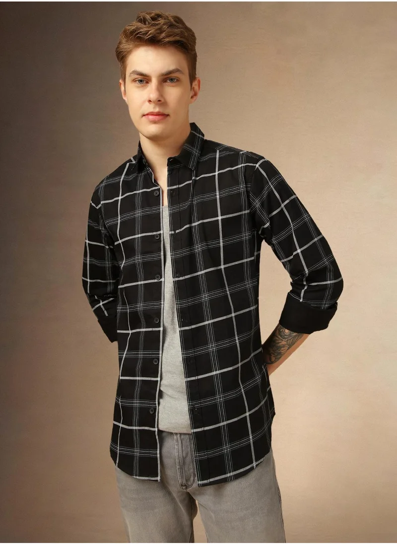 Dennis Lingo Men's Black 100% Cotton Checkered Button Down Regular Fit Shirt
