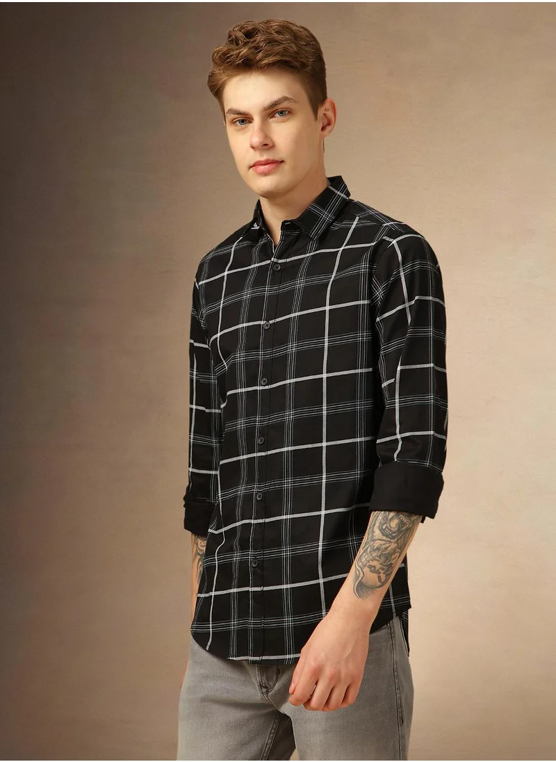 Dennis Lingo Men's Black 100% Cotton Checkered Button Down Regular Fit Shirt