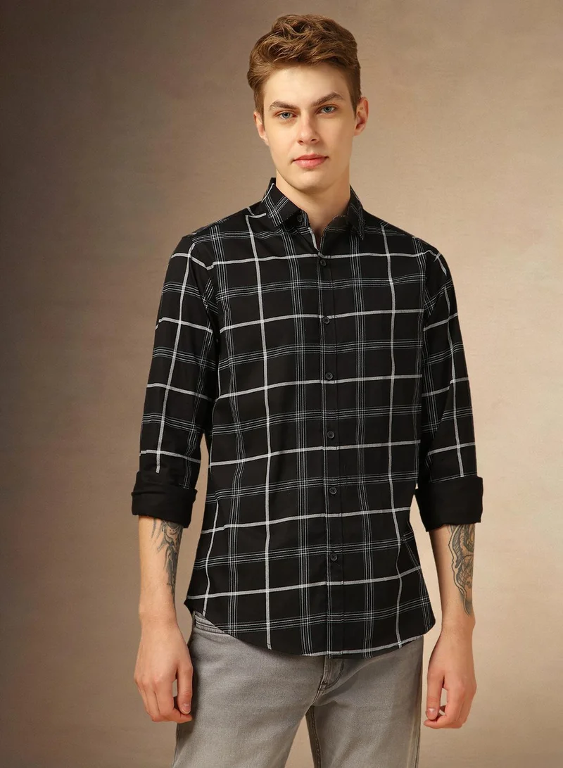 Dennis Lingo Men's Black 100% Cotton Checkered Button Down Regular Fit Shirt