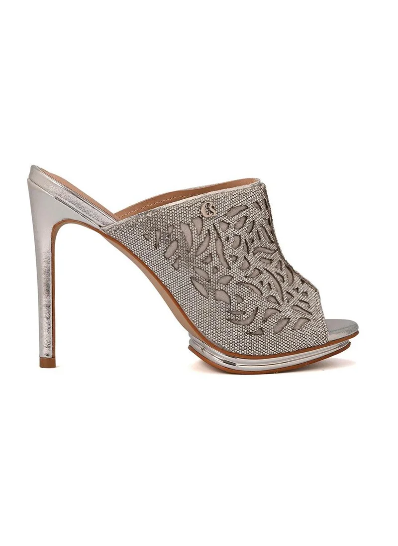 Carmen Steffens High Heel Mules with Laser Cutouts in Aluminum Silver