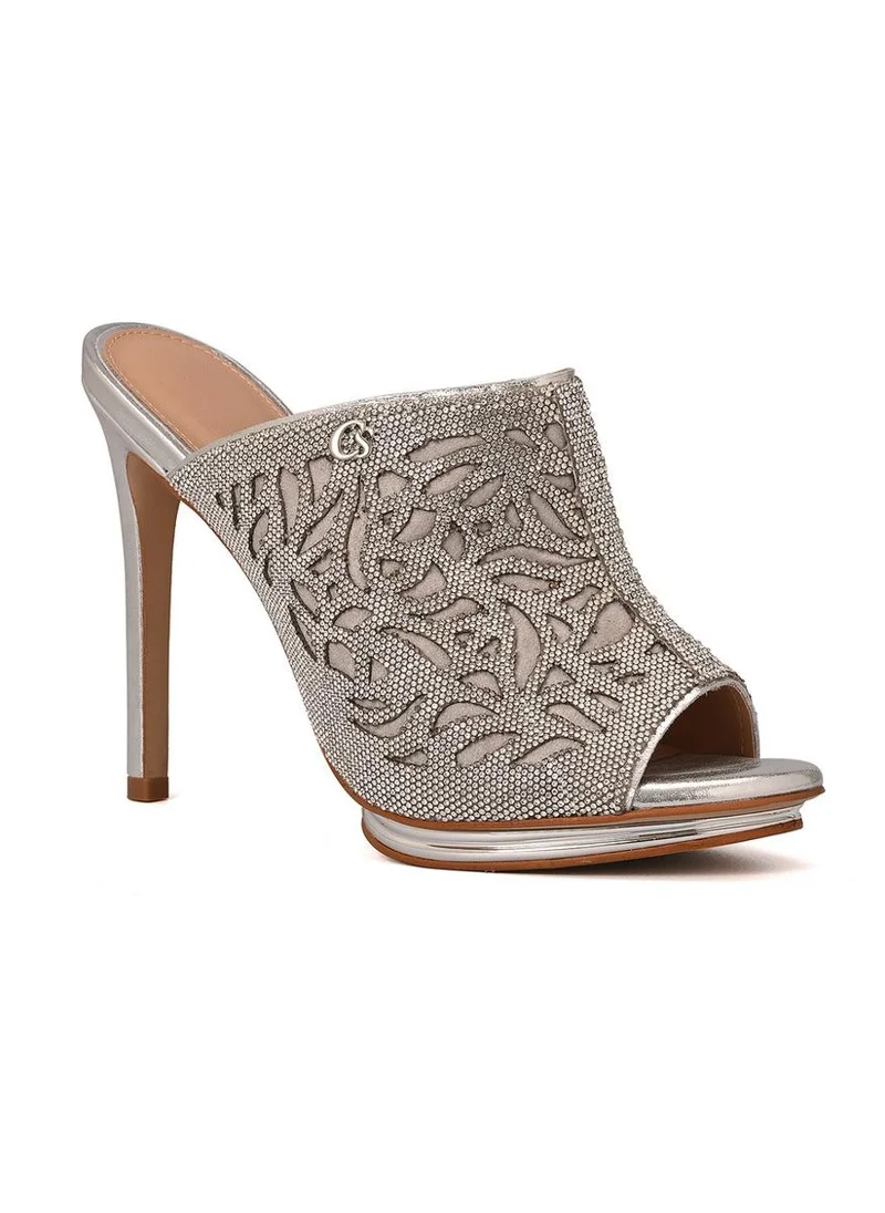 Carmen Steffens High Heel Mules with Laser Cutouts in Aluminum Silver
