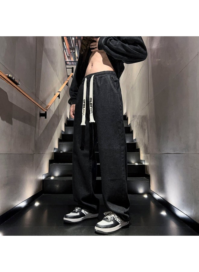 Dingfengbaoluo Men's Vintage Straight Wide Leg American Casual Jeans Spring Summer Dfs808 Black S - Image 2