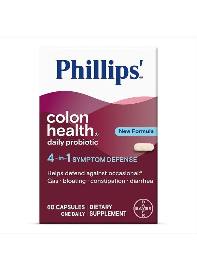 Phillips' - Colon Health Daily Probiotic Capsules, 4-in-1 Symptom Defense to help defend against Occasional Gas, Bloating, Constipation, and Diarrhea, Daily Supplement, 60 Count - Image 1