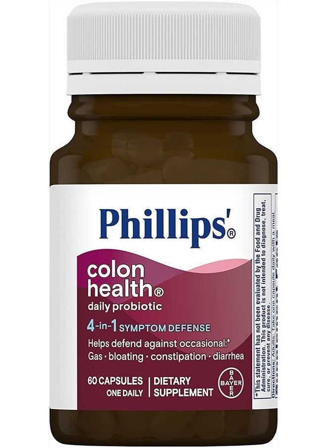 Phillips' - Colon Health Daily Probiotic Capsules, 4-in-1 Symptom Defense to help defend against Occasional Gas, Bloating, Constipation, and Diarrhea, Daily Supplement, 60 Count - Image 1