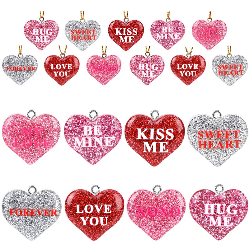DTOFOOT 36PCS Mini Resin Valentine's Day Conversation Hearts Ornaments Tiny Valentines Hanging Ornaments for Tree Red Pink Heart Miniatures Figurines Charms with String Resin Hanging Pendants Decor - Image 1
