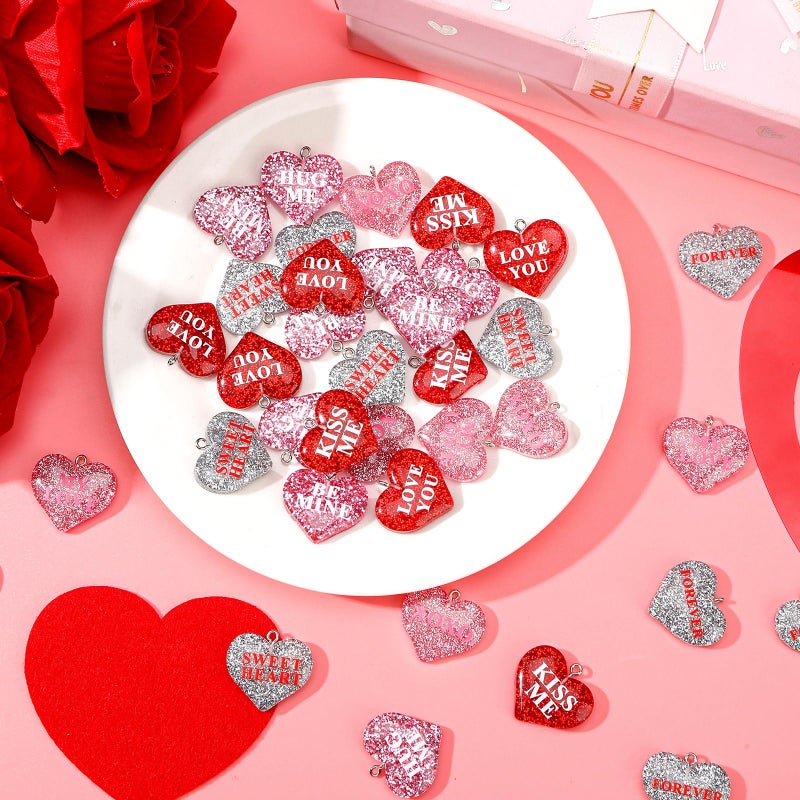 DTOFOOT 36PCS Mini Resin Valentine's Day Conversation Hearts Ornaments Tiny Valentines Hanging Ornaments for Tree Red Pink Heart Miniatures Figurines Charms with String Resin Hanging Pendants Decor - Image 3