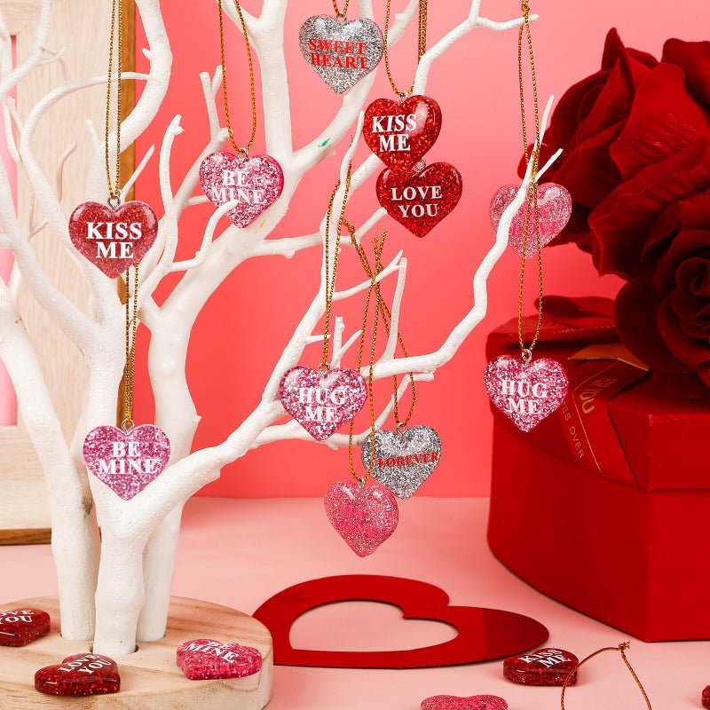 DTOFOOT 36PCS Mini Resin Valentine's Day Conversation Hearts Ornaments Tiny Valentines Hanging Ornaments for Tree Red Pink Heart Miniatures Figurines Charms with String Resin Hanging Pendants Decor - Image 5