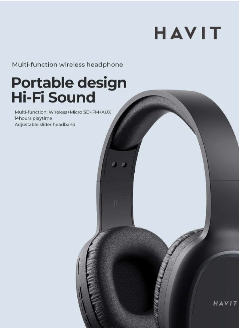 havit Wireless PRO Headphones, Hi-Fi Sound with 40mm Drivers, Bluetooth 5.3, Foldable & Lightweight, 14H Battery Life, Fast Charging, Noise Isolation, Adjustable Headband, Micro SD/TF Slot, FM Radio, AUX Input, Hands-Free Calling, Multi-Device Pairing, iOS & Android Compatible (Black)  - Image 2