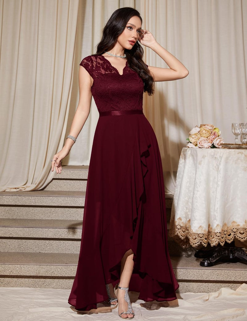 Bbonlinedress فستان ضيف زفاف رسمي بربغندي من Bbonlinedress فستان وصيفة العروس برقبة على شكل V دانتيل مزهر للأم العروس فستان كوكتيل حفلة تخرج بربغندي XL - Image 2