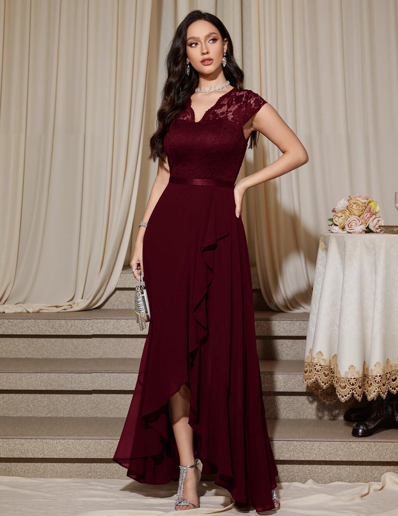 Bbonlinedress فستان ضيف زفاف رسمي بربغندي من Bbonlinedress فستان وصيفة العروس برقبة على شكل V دانتيل مزهر للأم العروس فستان كوكتيل حفلة تخرج بربغندي XL - Image 4