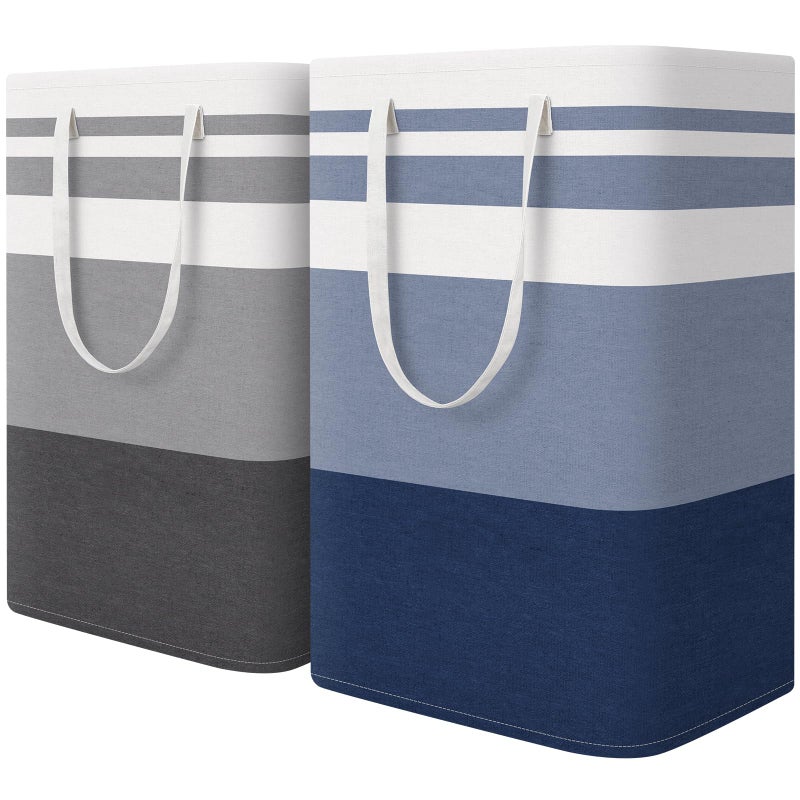 HomeHacks 2 Pack Large Laundry Baskets, Waterproof, Freestanding Laundry Hampers, Collapsible Clothes Hamper with Reinforced Handles in Laundry, College Dorm, Bathroom, Bedroom (Grey+Blue, 75Lx2) - Image 1