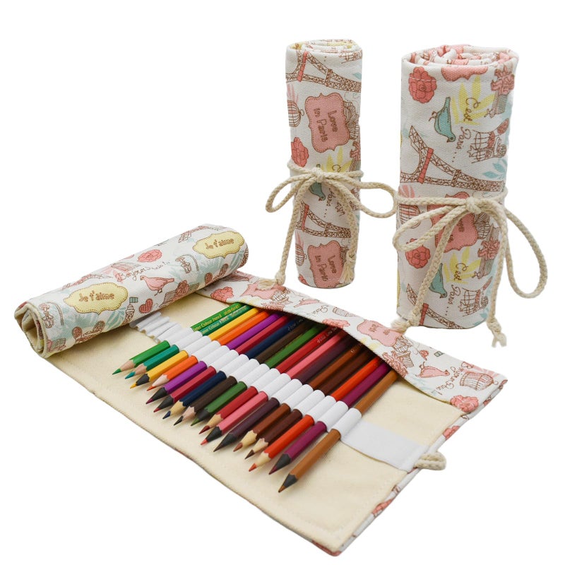 Maydahui 24/48/72 Slots Colored Pencil Wraps Canvas Pencils Roll Holder Pencil Pouch Aesthetic Case Organizer Bag for Art Lovers Artist Drawing(Eiffel Tower,72 Slots) - Image 1