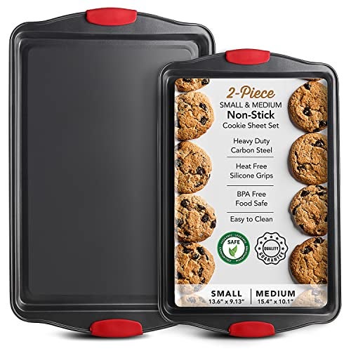 EATEX Baking Sheet Set, 2-Piece Cookie Sheet Set with Silicone Handles, Steel Baking Pan, Durable Baking Sheets for Oven, BPA Free Cookie Sheets for Baking Nonstick Set, Premium Sheet Pan, Black Baking Tray - Image 1