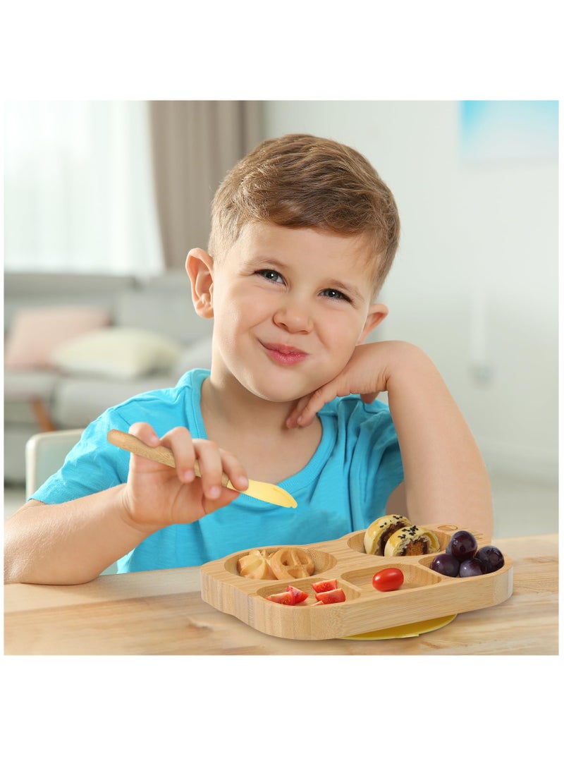 Excefore - Toddler Bamboo Plate With Suction, Toddler Plate Set With Spoon Fork, Car Shaped Design Divided Plate, BPA FREE, Yellow - Image 1