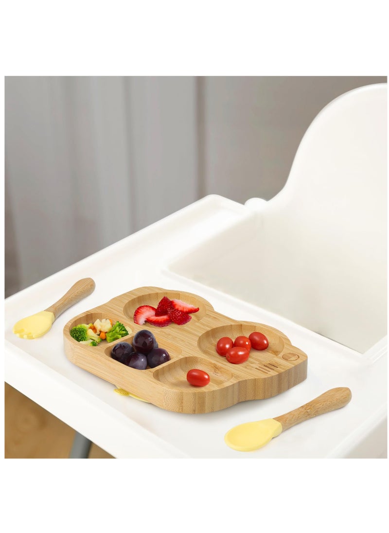 Excefore - Toddler Bamboo Plate With Suction, Toddler Plate Set With Spoon Fork, Car Shaped Design Divided Plate, BPA FREE, Yellow - Image 1