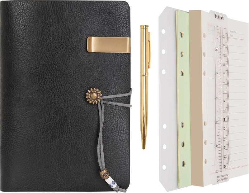 WONDERPOOL Leather Diary Notebook Ring Binder - Refillable Folder Writing Paper Spiral Business Notepads Vintage Cover for Office Plan Travel Organiser (B-Black, A6) - Image 1