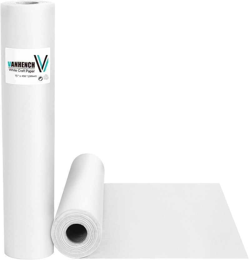 Vanhench ورق تغليف فانهنش الأبيض 15''×450''، ورق ملصقات لوحات bulletin، ورق كرافت أبيض للرسم للأطفال، مستلزمات الفنون والحرف لهدايا عيد الميلاد - Image 1