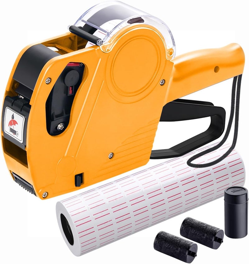 KPX Pricing Tag Gun, 8 Digits, 5150 White Labels, Yellow (Rectangular, Paper, 21*12 mm), One Touch Open System, Incl 3 Inker Rollers - Image 1