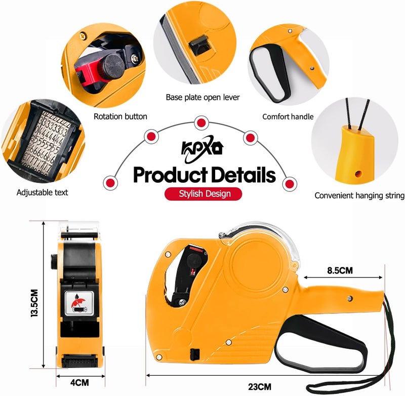 KPX Pricing Tag Gun, 8 Digits, 5150 White Labels, Yellow (Rectangular, Paper, 21*12 mm), One Touch Open System, Incl 3 Inker Rollers - Image 2