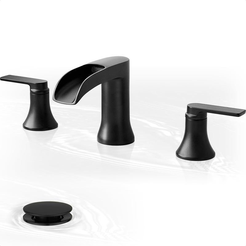 HOIGY Waterfall Bathroom Sink Faucet Brass Black Bathroom Faucet 48 Inch 2 Handles Widespread Bathroom Faucets for Sink 3 Hole Vanity Lavatory Farmhouse RV with Pop Up Drain and Supply Hose