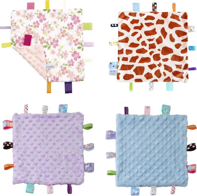 CREVENT , Safety Blankets for Babies, Soft and Small with Tag, Sensory Blanket for Kids, Great Gift for Birthday, Baby Shower, 9.5x9.5 Inches, Purple Blue Dot Flower Giraffe - Image 1