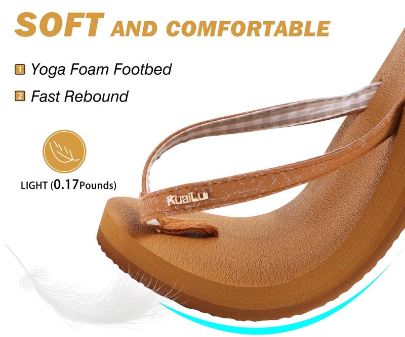 KuaiLu Womens Arch Support Flip Flops Comfortable Yoga Mat Slip on Leather Walking Thong Cushion Sandals Summer Beach Orthotic Slides Travel Essentials Indoor Outdoor Slippers Shoes Tan Size 8 - Image 3
