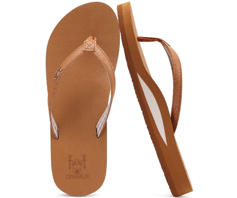 KuaiLu Womens Arch Support Flip Flops Comfortable Yoga Mat Slip on Leather Walking Thong Cushion Sandals Summer Beach Orthotic Slides Travel Essentials Indoor Outdoor Slippers Shoes Tan Size 8 - Image 1