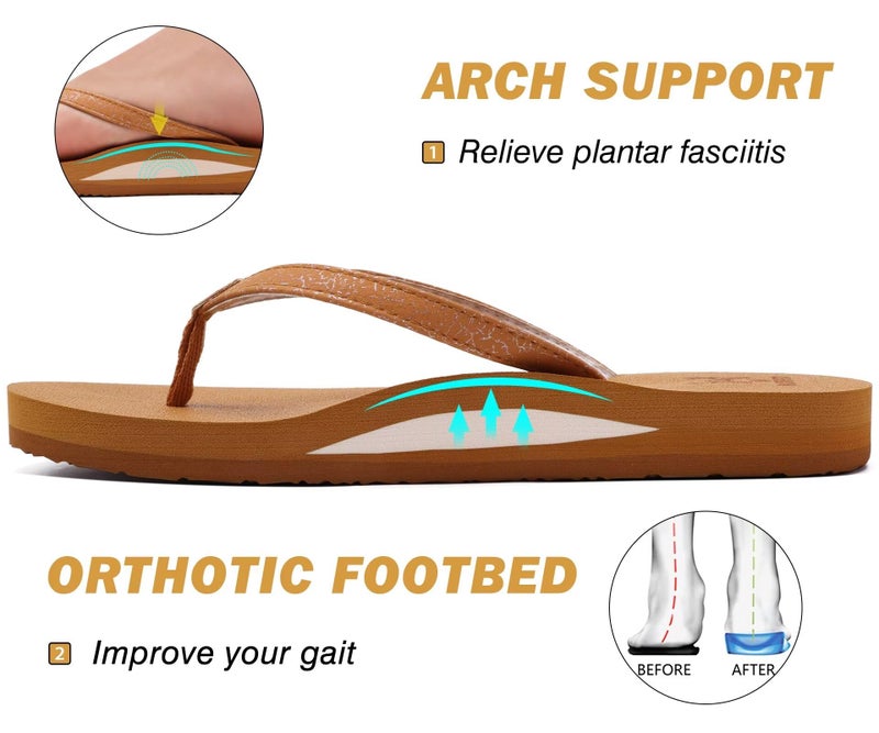 KuaiLu Womens Arch Support Flip Flops Comfortable Yoga Mat Slip on Leather Walking Thong Cushion Sandals Summer Beach Orthotic Slides Travel Essentials Indoor Outdoor Slippers Shoes Tan Size 8 - Image 4