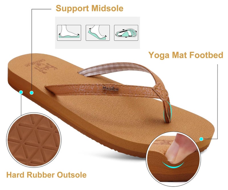 KuaiLu Womens Arch Support Flip Flops Comfortable Yoga Mat Slip on Leather Walking Thong Cushion Sandals Summer Beach Orthotic Slides Travel Essentials Indoor Outdoor Slippers Shoes Tan Size 8 - Image 5