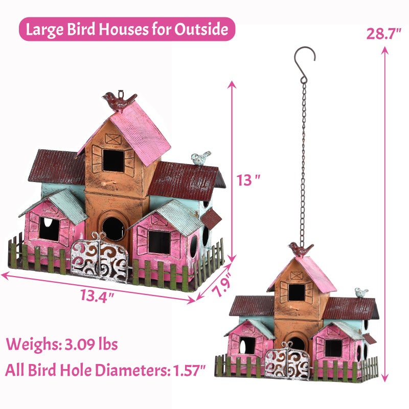 Mocome Large Bird Houses for Outside Hanging, Metal Bird Houses for Outside with 5 Compartments for Birds to Nest in, Durable Colorful Bird House 10 Hole Birdhouses for Outdoors Hanging - Image 2