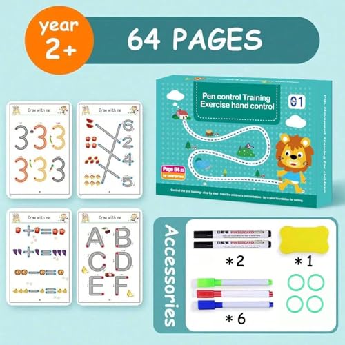 DUKAAN Magic Practice Copybook for 2-6 yrs Kids 64 Pages Reusable Tracing Workbook,Wipe-Clean Handwriting Practice Book with Pens, Eraser, Learn Alphabets, Numbers, Drawing,Writing- 45x200 cm(Black) - Image 3
