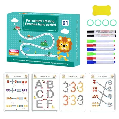 DUKAAN Magic Practice Copybook for 2-6 yrs Kids 64 Pages Reusable Tracing Workbook,Wipe-Clean Handwriting Practice Book with Pens, Eraser, Learn Alphabets, Numbers, Drawing,Writing- 45x200 cm(Black) - Image 1