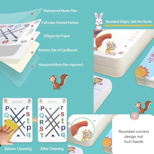 DUKAAN Magic Practice Copybook for 2-6 yrs Kids 64 Pages Reusable Tracing Workbook,Wipe-Clean Handwriting Practice Book with Pens, Eraser, Learn Alphabets, Numbers, Drawing,Writing- 45x200 cm(Black) - Image 2