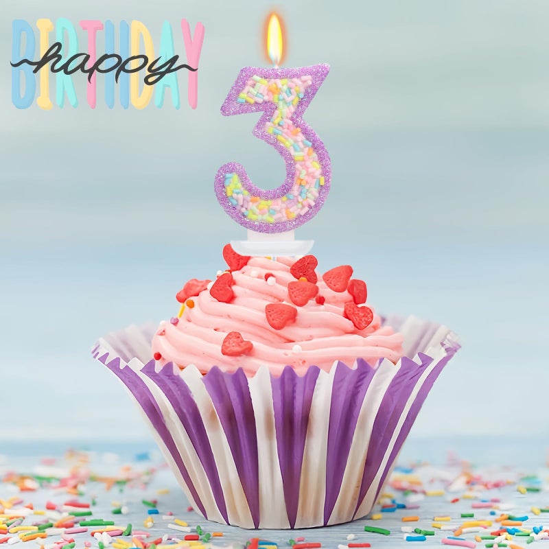 ElekFX Number 3 Birthday Candle with Sprinkles, Pastel Purple Unicorn Rainbow Cake Topper, Sweet Candyland Party Decorations for Girl Boy 3rd Birthday - Image 3