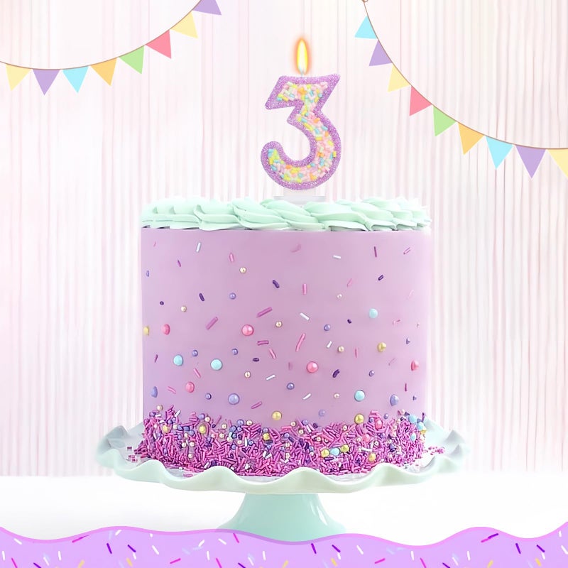 ElekFX Number 3 Birthday Candle with Sprinkles, Pastel Purple Unicorn Rainbow Cake Topper, Sweet Candyland Party Decorations for Girl Boy 3rd Birthday - Image 4