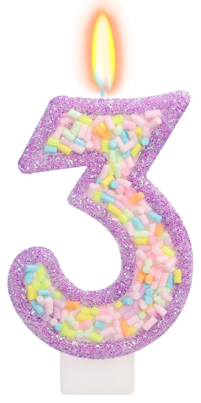 ElekFX Number 3 Birthday Candle with Sprinkles, Pastel Purple Unicorn Rainbow Cake Topper, Sweet Candyland Party Decorations for Girl Boy 3rd Birthday - Image 1