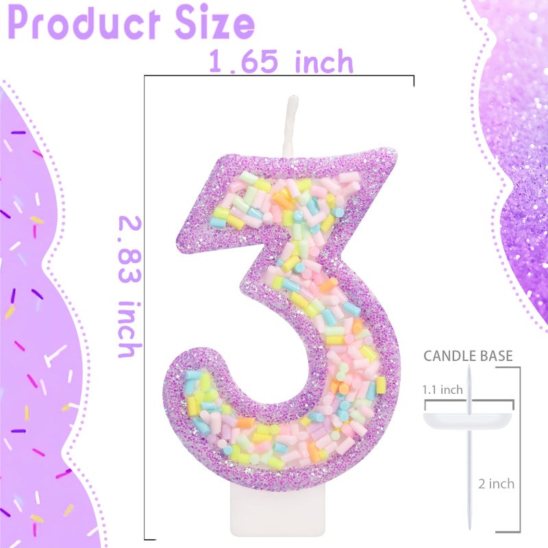 ElekFX Number 3 Birthday Candle with Sprinkles, Pastel Purple Unicorn Rainbow Cake Topper, Sweet Candyland Party Decorations for Girl Boy 3rd Birthday - Image 2
