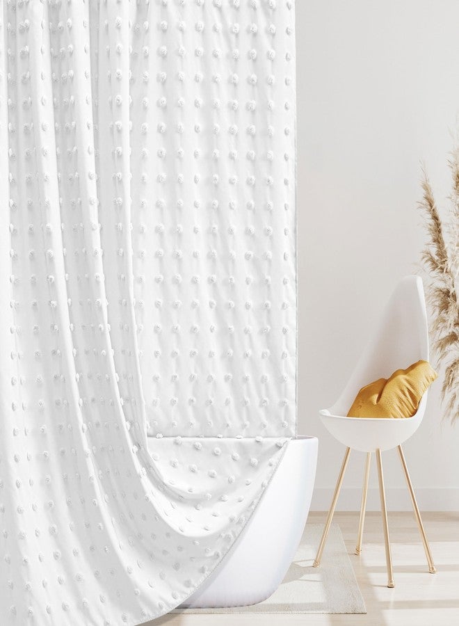 Siiluminisoy Boho Farmhouse White Shower Curtain Woven Fabric Shower Curtain, 72 x 72 Tufted Pleat Floral Puffs Textured Modern Farmhouse Minimalist Shower Curtain Set with Hooks for Bathroom - Image 1