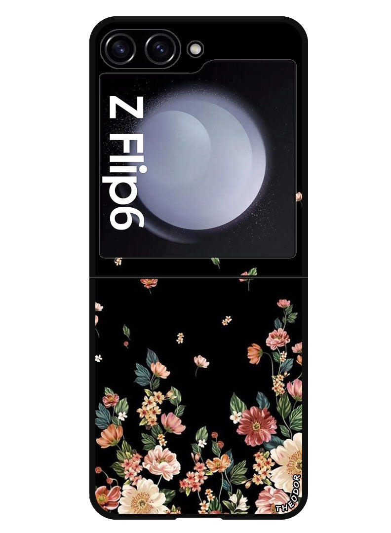 Theodor غطاء واقي مضاد للخدش ومقاوم للصدمات لجهاز سامسونج جالاكسي Z فليب 6 زهور على خلفية سوداء - Image 1
