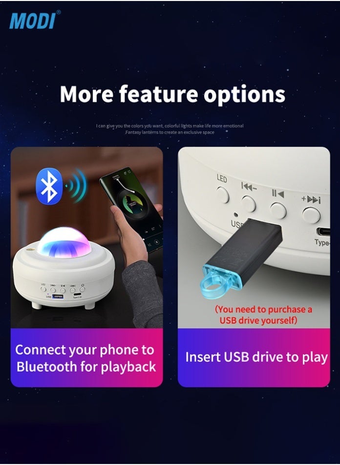 MODI Aurora Projector Moon Lamp with Bluetooth Speaker & USB Music Player, RGBW Northern Lights Night Light 145mm Rechargeable, Soothing Ambiance Lamp for Bedroom, Relaxation & Home Décor - Image 3