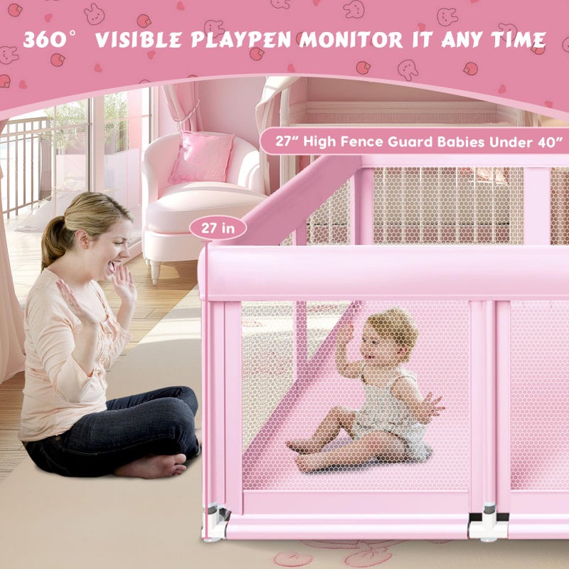 Fshibila 74" Ã—50" Large Baby Playpen, Baby Playard for Babies and Toddlers, Play Pens for Indoor & Outdoor, Sturdy Safety Play Yard with Soft Breathable Mesh, Anti-Fall, Pink - Image 2