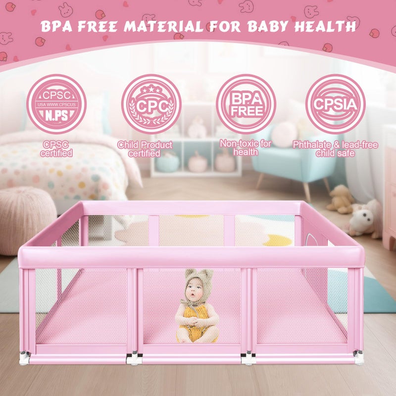 Fshibila 74" Ã—50" Large Baby Playpen, Baby Playard for Babies and Toddlers, Play Pens for Indoor & Outdoor, Sturdy Safety Play Yard with Soft Breathable Mesh, Anti-Fall, Pink - Image 4
