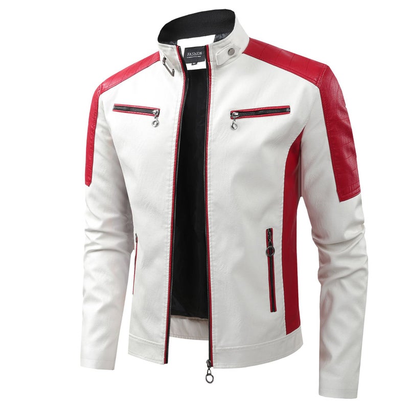 American Style Retro Stitching Contrast Color Biker Clothing New Arrival Leather Clothing Men's Korean Style Bf Loose Handsome fleece-lined Jacket Coat Trendy