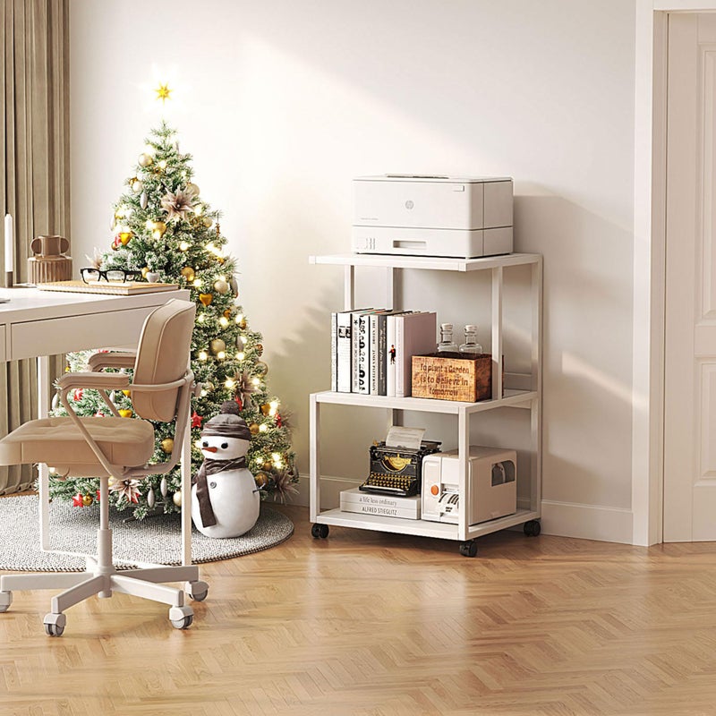 Mexin White 3 Tier Printer Table with Wheels, Industrial Rolling Cart with Storage Shelf for Scanner Fax, Home Office Use, 17.5 x 11.8 Inches - Image 1