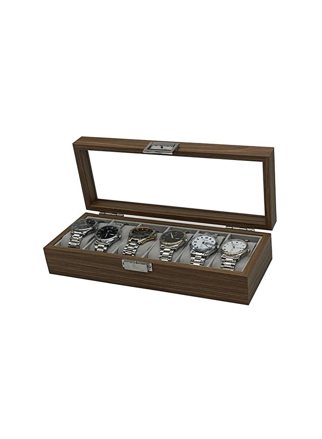 PROMASS Box Case, Watch Organizer Upgrade Lock for Men Women Birthday Gift, Wood Watch Display Storage 6 Slots,Jewelry Collection Organiser Holder Walnut - Image 1
