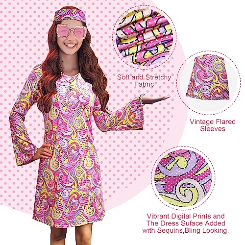 MRYUWB 70s Women Disco Dress Hippie Costumes Necklace Earrings Glasses, 60's 70's Birthday Outfits, 1970s Prom Bling Dress (Bling Pink, XX-Large) - Image 5