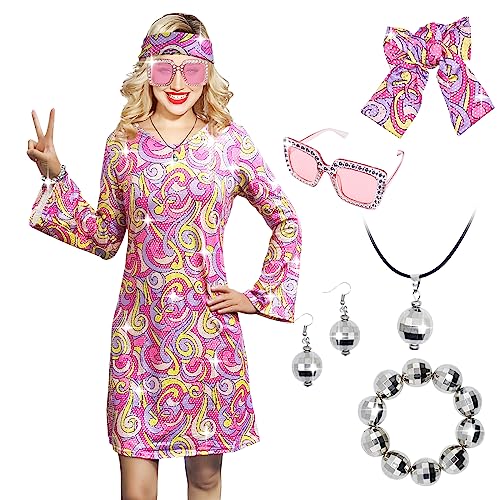 MRYUWB 70s Women Disco Dress Hippie Costumes Necklace Earrings Glasses, 60's 70's Birthday Outfits, 1970s Prom Bling Dress (Bling Pink, XX-Large) - Image 1